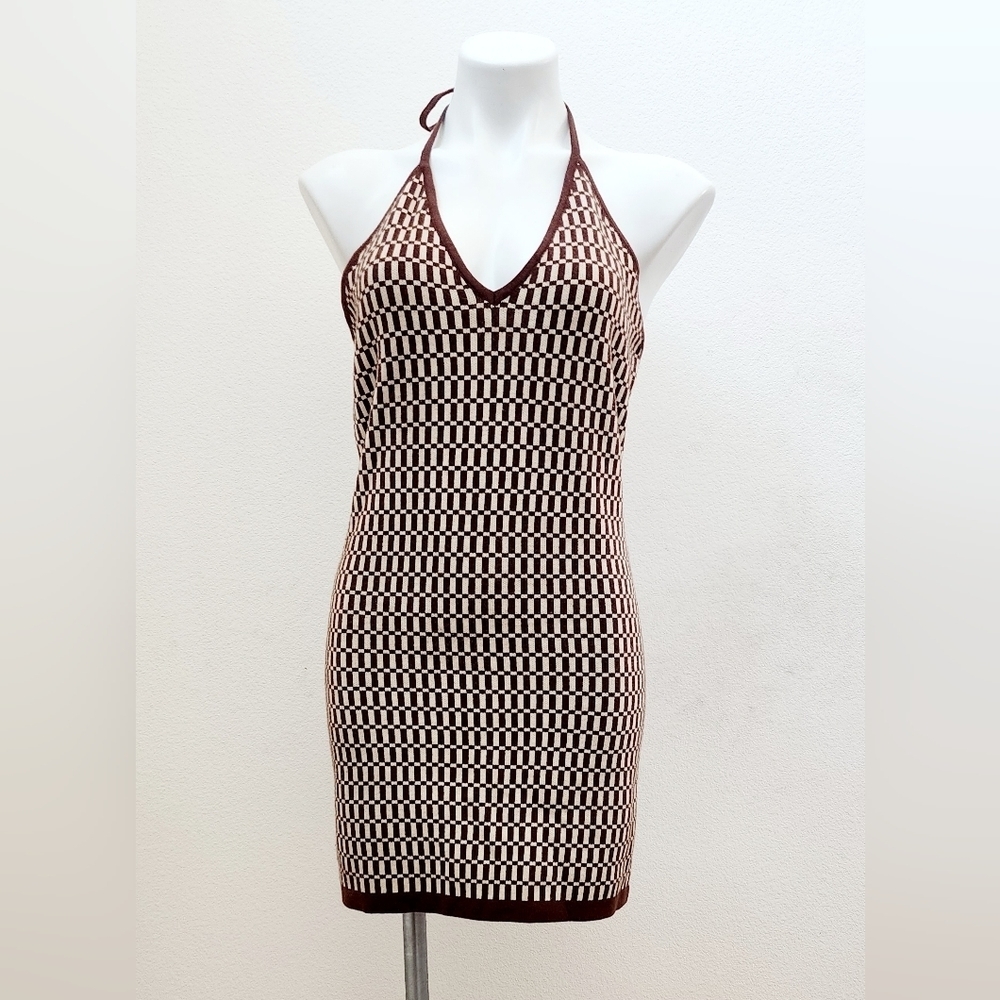 Lilyful Chocolate Backless Knitted Halter Mini Dress Size L - Picture 3 of 6